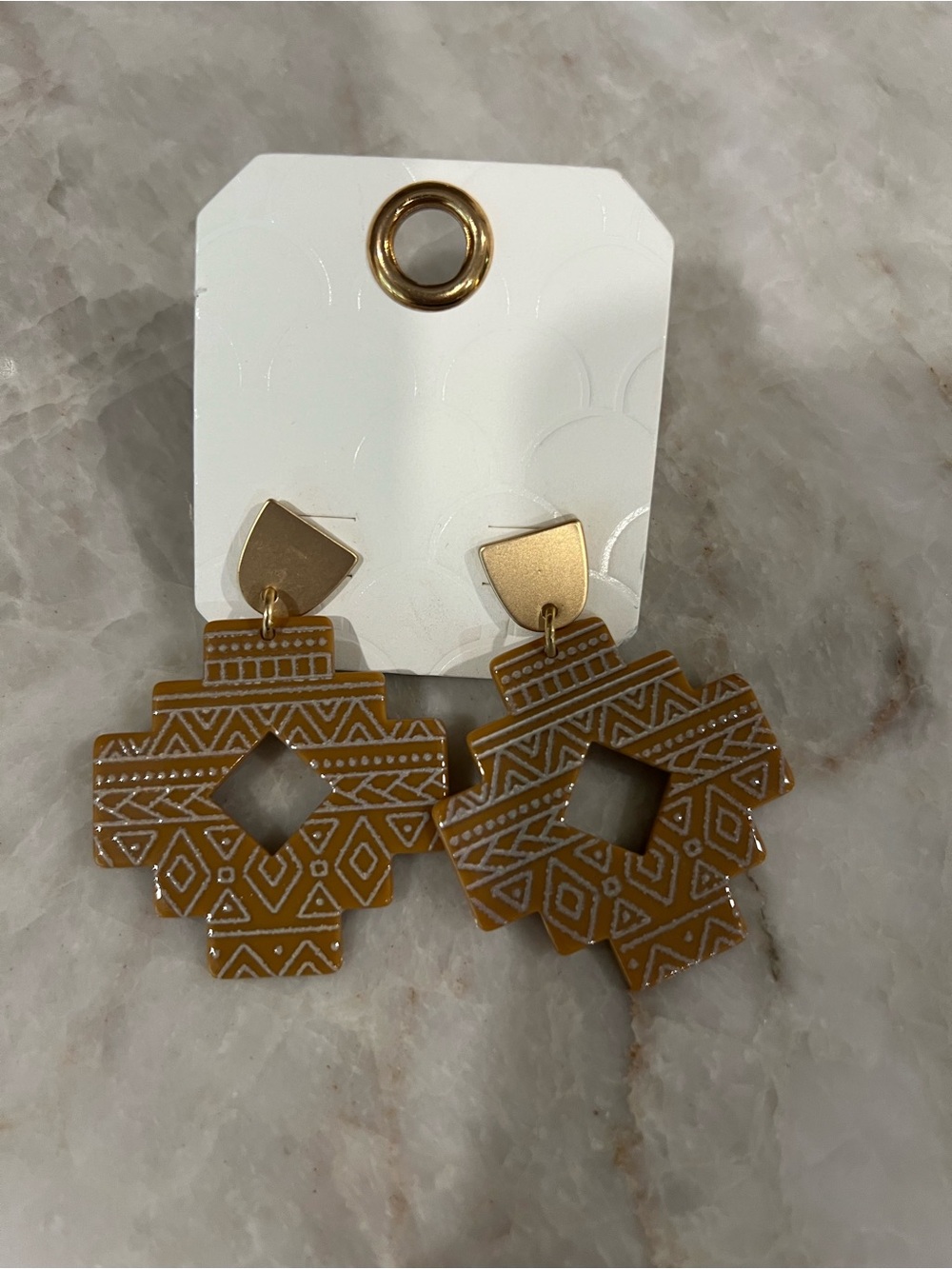 Gold Geometric Drop Earrings with Aztec Pattern - Women Jewelry
